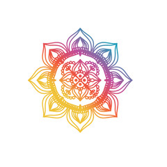 Obraz premium Round gradient mandala on white isolated background. Vector boho mandala in green and pink colors. Mandala with floral pattern. Yoga Templates