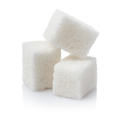 Close-up of three white sugar cubes, isolated on white background