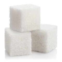 Close-up of three white sugar cubes, isolated on white background