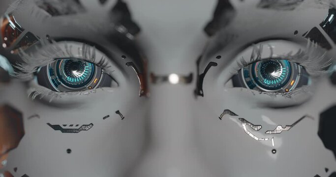Artificial intelligence technology, robot girl awakening, cyberpunk concept on transparent background, seampless loop