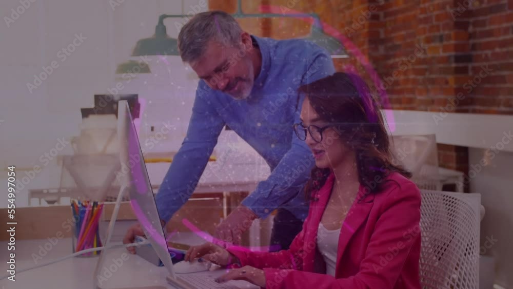 Poster animation of network of profiles over diverse man and woman discussing over a computer at office