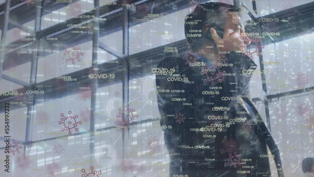 Poster animation of data processing and covid 19 text over caucasian businessman working at office