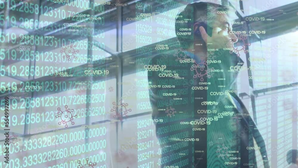 Aufkleber animation of data processing and covid 19 text over caucasian businessman working at office