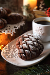 Christmas chocolate pine cone shortbread cookie and coffee, New Year's decoration