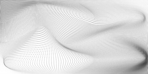 Geometric halftone background with illusion effect. Curved gradient pattern with black dots. Vector illustration.