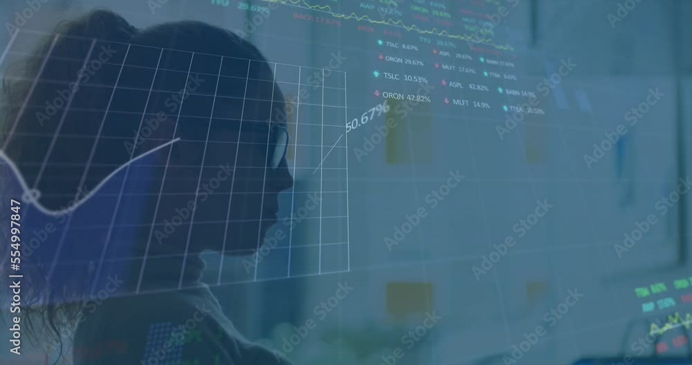 Poster animation of financial data processing over businessman using computer in office