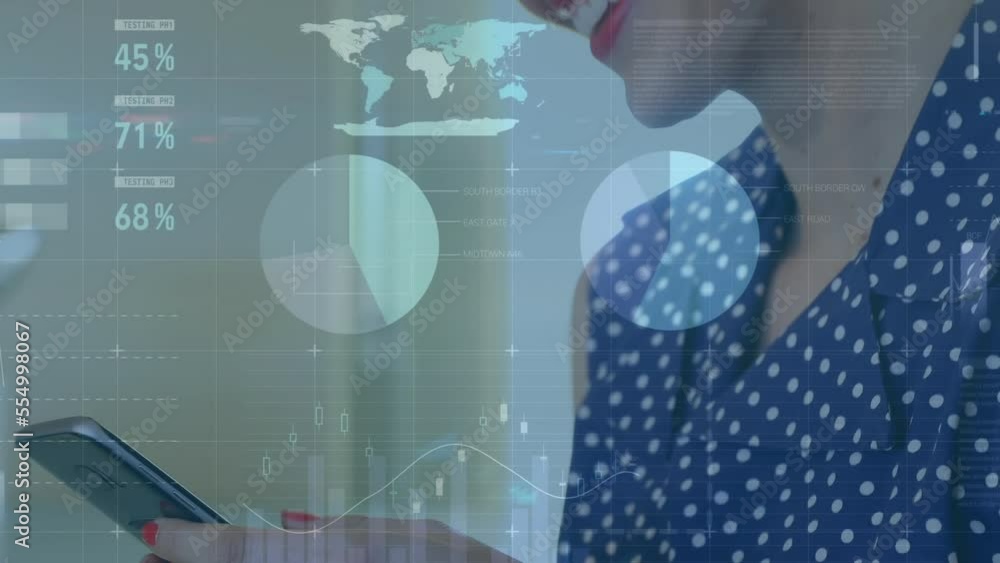 Poster animation of statistics and data processing over man using smartphone