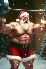 Buff Santa Claus, weightlifter Santa Claus, Santa Claus in the gym lifting weights, Christmas generative ai art illustration