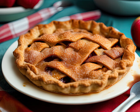 food photography close up of a bowl of Apple pie sitting on top of a table, a stock photo - AI Generated