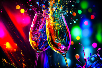 Happy new year 2023 lift your glasses Champaign toast with triadic color palate with copy space room for print. bright and colorful illustration for ringing in the new year