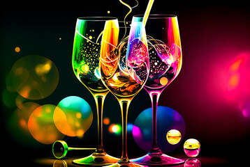 Happy new year 2023 lift your glasses Champaign toast with triadic color palate with copy space room for print. bright and colorful illustration for ringing in the new year