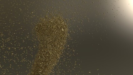 Aggregate of metallic golden particles on brown-white background. Conceptual 3D CG of the poster's subtitle, proof of scientific evidence and social media relationships.