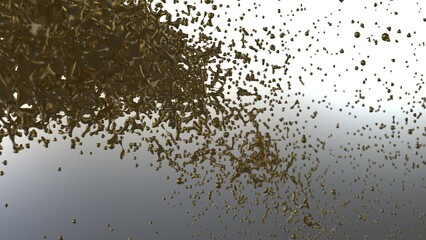 Aggregate of metallic golden particles on brown-white background. Conceptual 3D CG of the poster's subtitle, proof of scientific evidence and social media relationships.