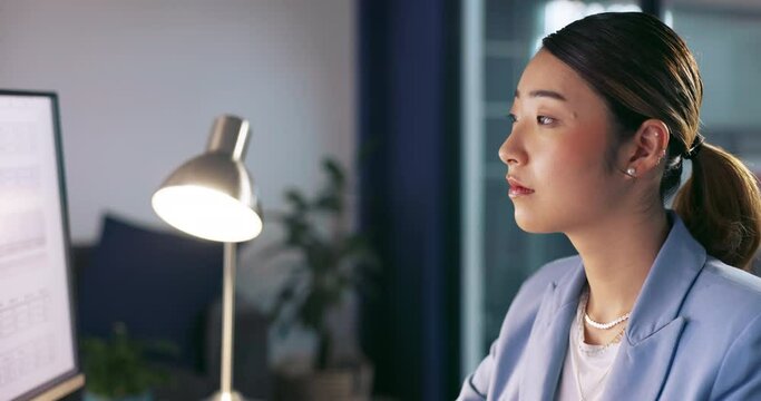 Asian business woman, computer or night office for web design branding, digital marketing logo or advertising programming software. Thinking creative designer, technology or late work on website ux