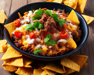 food photography close up of a bowl of 
 Nachos sitting on top of a table  - AI Generated