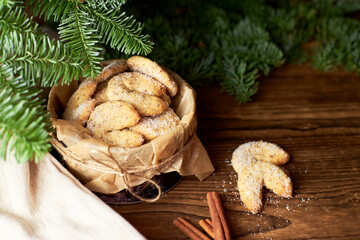 Traditional Christmas cookies vanillekipferl from Germany and Austria. Almond vanilla crescents. Christmas baking.