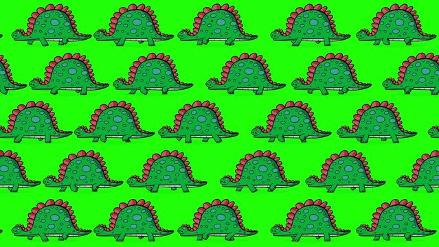 Dinosaur cartoon green characters wallpaper walking on green background. Cute children animation good as backdrop for intro, party, television programme, presentation, etc... Seamless loop.

