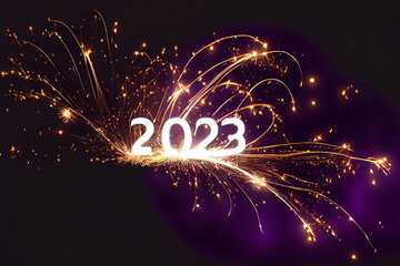 Obraz premium new year 2023 fireworks abstract sign on a dark purple background, Generative AI
