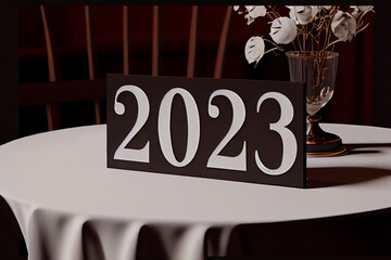new year 2023 sign on an elegant table, restaurant reservation for the 2023 new year party