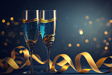 two festive champagne glasses with serpentine streamers and gold particles on a dark blue background, Generative AI