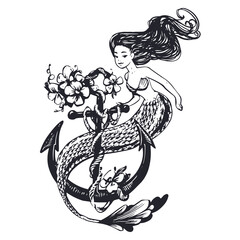 Beautiful Mermaid with long hair and tail. Underwater cute girl with an anchor, rope, flowers. Hand drawn line art, graphic sketch, vintage tattoo, coloring book page design.