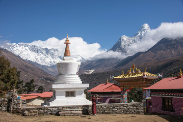 Ama Dablam behind Tengboche lodges, Everest region, Khumbu, Nepal