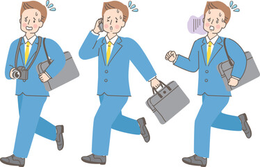慌てて走るスーツ姿の男性イラストセット