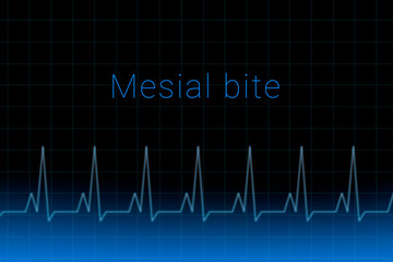Mesial bite disease. Mesial bite logo on a dark background. Heartbeat line as a symbol of human disease. Concept Medication for disease Mesial bite.