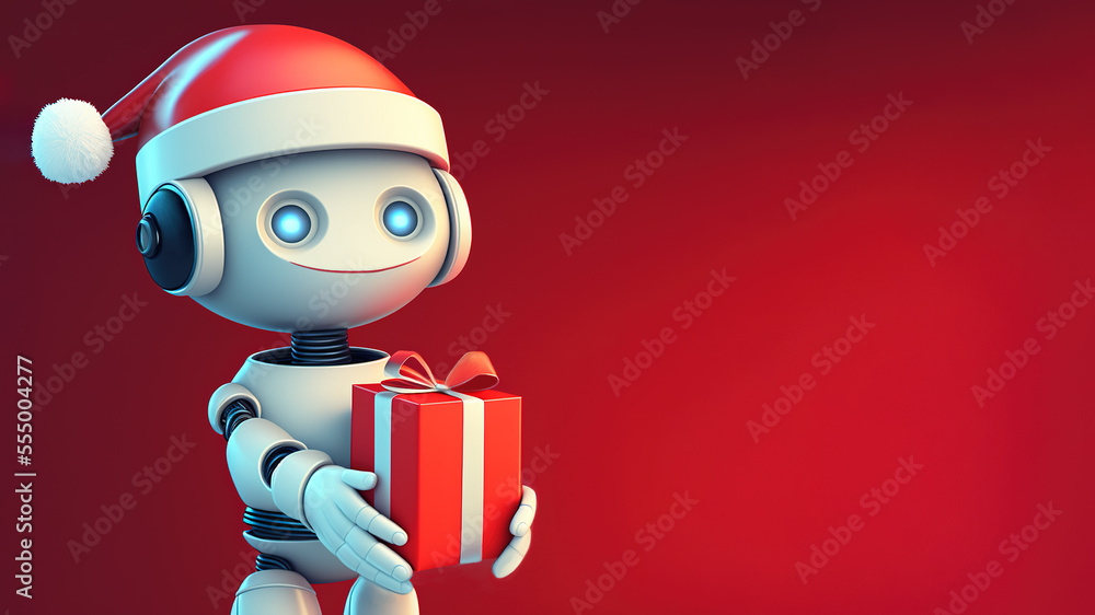 Poster smiling robot in santa hat holding a present box with both hands over dark red backgrund with copy s