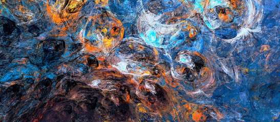 Art paint. Blue painting background with noise effect. Abstract bubbles pattern. Fractal artwork for creative graphic design