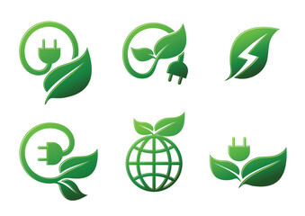 Electric Natural Green eco power Clean Energy Icons - plug Symbol with leave, Globe vector design illustration