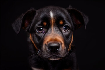 Fototapeta premium photography a close up of a puppy's face on a black background,big eyes, lucid eyes