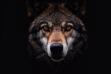 photography a close up of a wolf's face on a black background