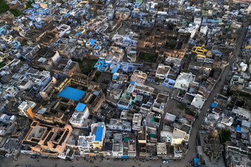 Top down view of typical homes in Bundi town, Rajasthan, India.
