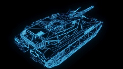 3D rendering illustration Tank blueprint glowing neon hologram futuristic show technology security for premium product business finance  