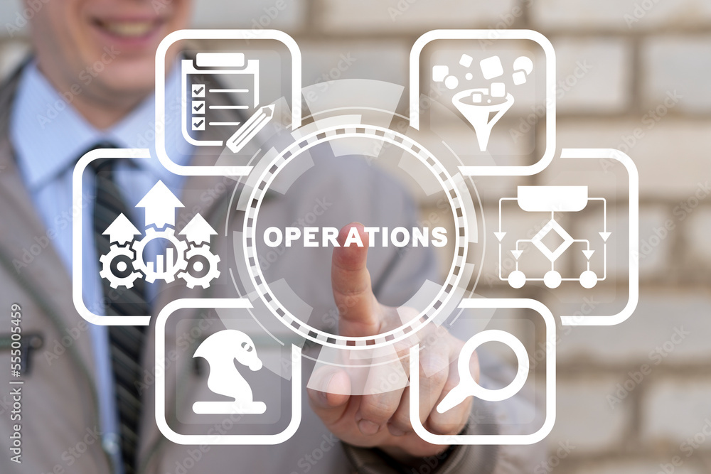Poster businessman using virtual touchscreen presses word: operations. concept of operations management. bu