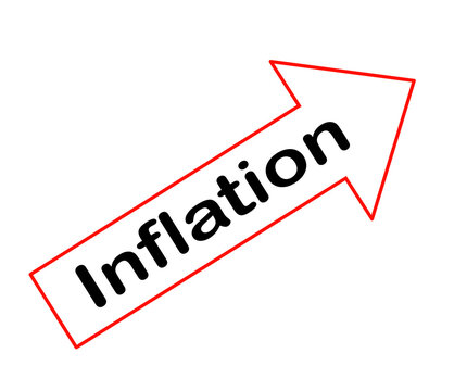 Aufwärtspfeil mit dem Schriftzug "Inflation" auf weißem Hintergrund mit roter Umrandung 