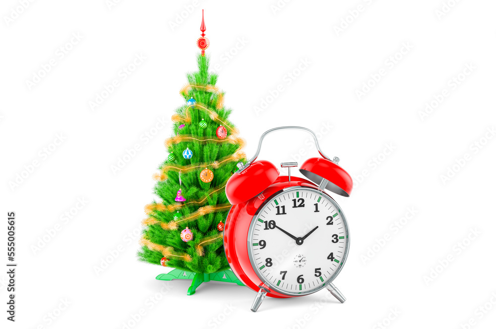 Poster christmas tree with alarm clock, 3d rendering