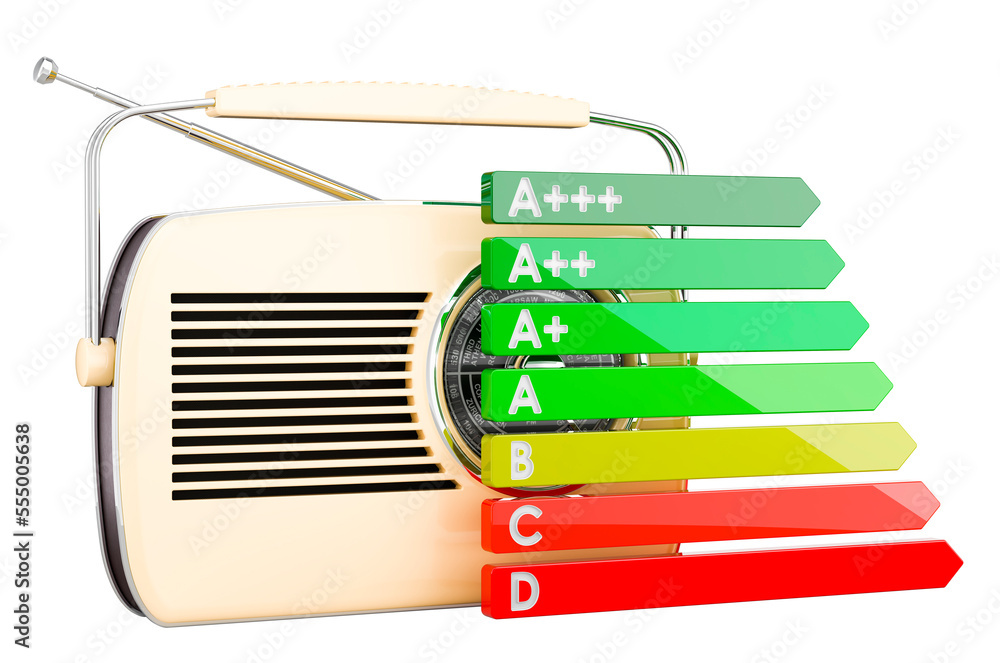 Poster retro receiver with energy efficiency chart, 3d rendering