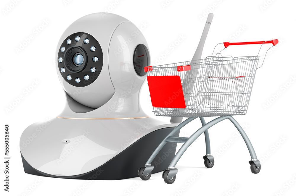 Poster shopping cart with internet protocol camera, 3d rendering