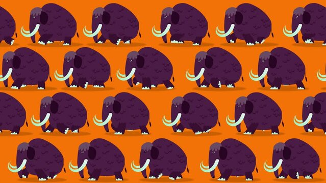 Mammoth cartoon characters wallpaper walking on orange background. Cute children animation good as backdrop for intro, party, television programme, presentation, etc... Seamless loop.