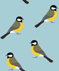 Vector seamless pattern of flat hand drawn tit bird isolated on blue background