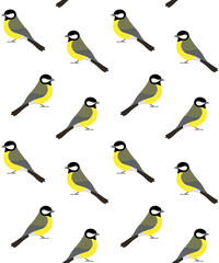 Vector seamless pattern of flat hand drawn tit bird isolated on white background
