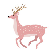 Vector hand drawn flat pink running deer isolated on white background