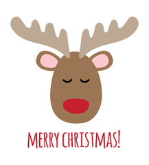 Vector flat hand drawn deer face and merry Christmas lettering isolated on white background