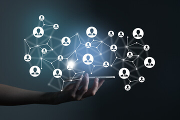 . Virtual visualization of network chain with person icons, female unrecognised manager on background. Human capital and teambuilding concept.