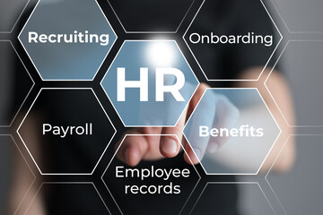 Female person pointing on highlighted HR icons. Human resources concept. Illustrative material for articles and web.