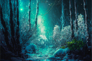Hidden pathway under old trees in a fantasy winter landscape forest