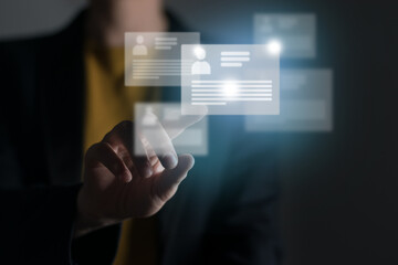 Manager choosing one of many different cv resume cards with candidates information. Human resources concept.Illustrative material for articles and web.