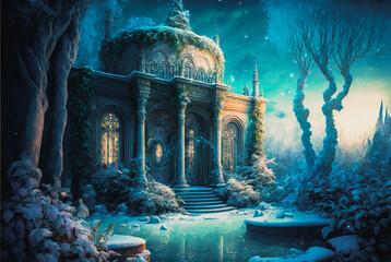 Ancient architecture palace building in a magic fantasy winter landscape